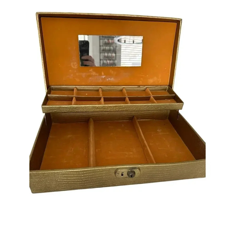 Vintage Faux leather gold jewelry box Made In USA